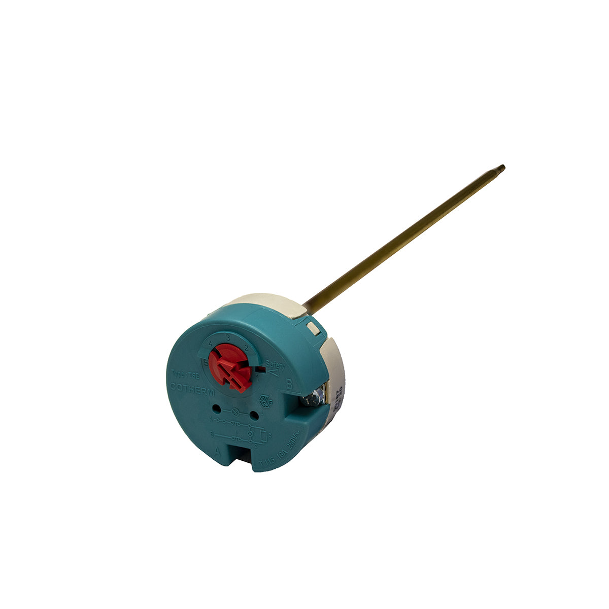 An Heatrae Sadia Megaflo TSE 11 inch thermostat, primarily in a green and white color scheme, with a long metal rod and a red cut-out switch.